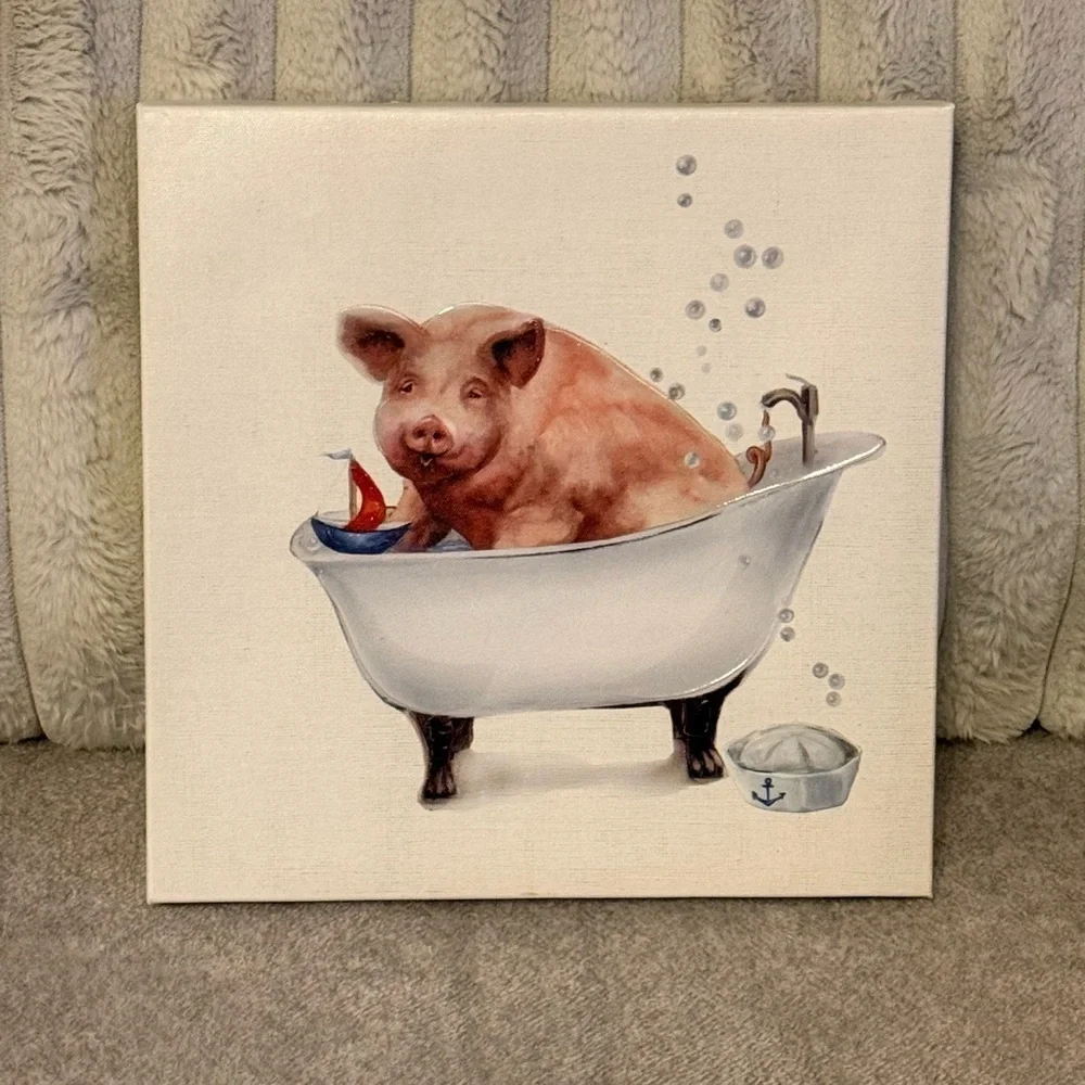 Whimsical Pig in Bathtub Canvas Art 12in x 12in